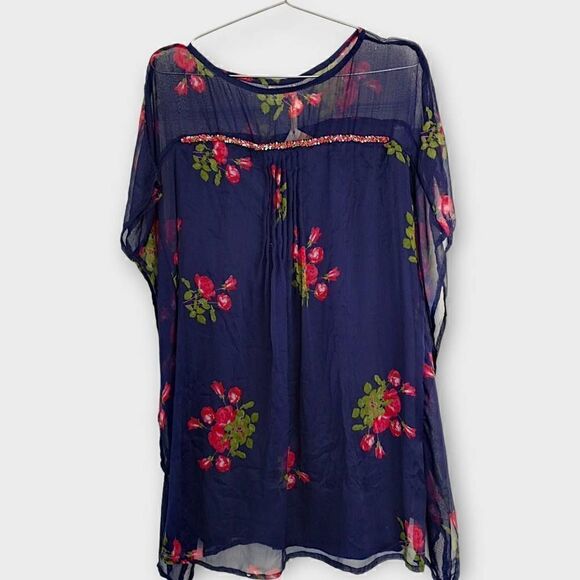 Antica Satori Dress Sz Medium Red Navy Chiffon Short Sleeve Sheer Mini Cocktail - Picture 13 of 13